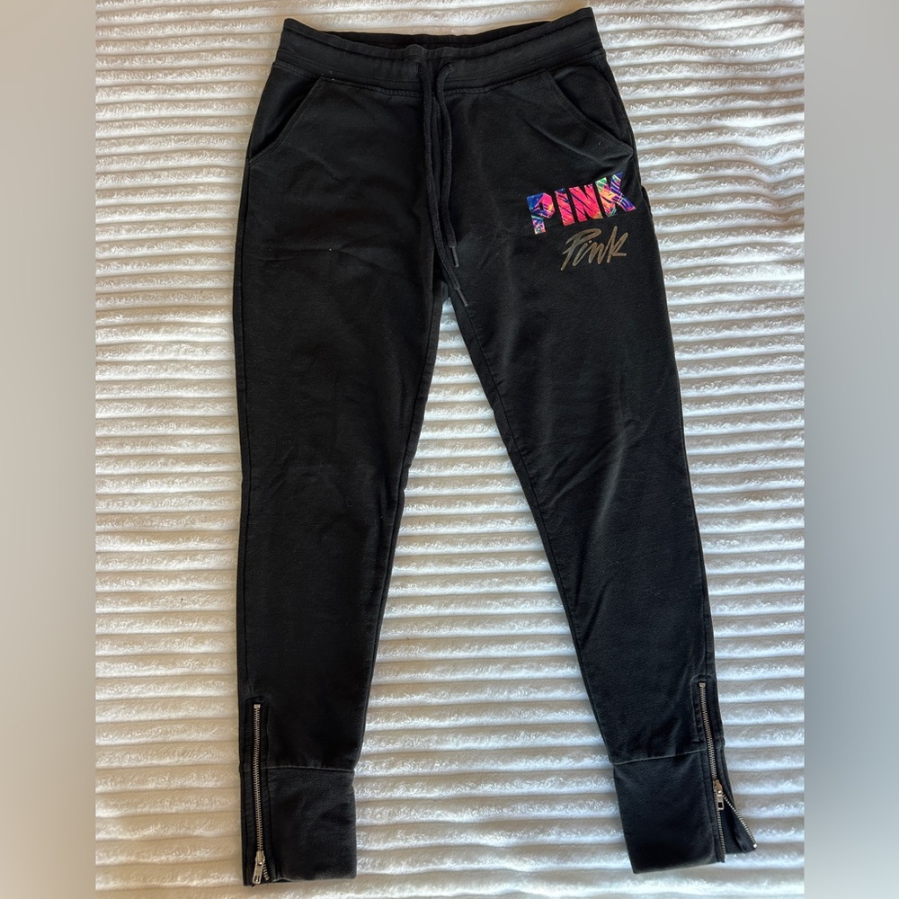 PINK Victoria's Secret Black Joggers with Colorful Logo